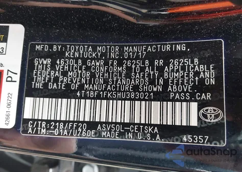 2017 Toyota Camry Se из США, поврежденный, VIN 4T1BF1FK5HU383021